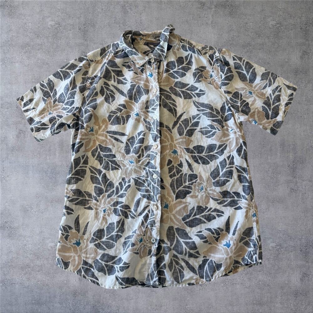 Tommy Bahama Men M Linen Shirt Short Sleeve Floral Leaf Tropical Camp Beach Blue